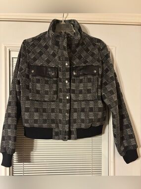 bagatelle Gray Plaid Bomber Jacket with Black Trim